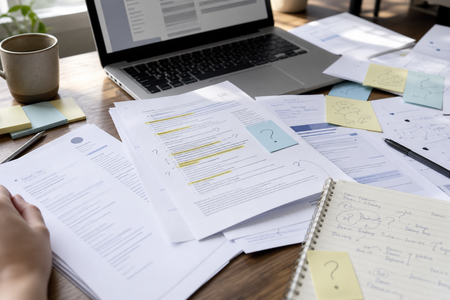 Messy job application workspace with a laptop, CV pages, highlighted job ad, and scattered notes