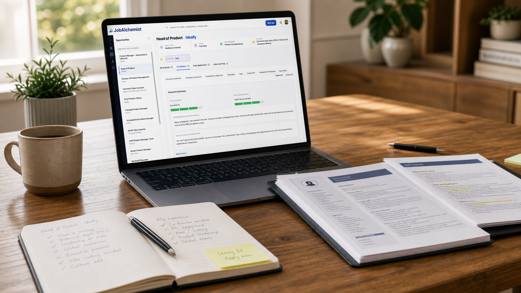 JobAlchemist fit analysis interface displayed on a laptop in an organised application workspace